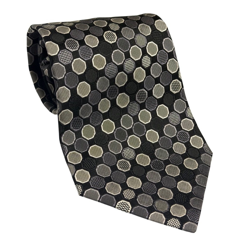 Van Heusen Necktie Black Grey Geometric Hexagon Stain Resistant Silk‎ Mens OS